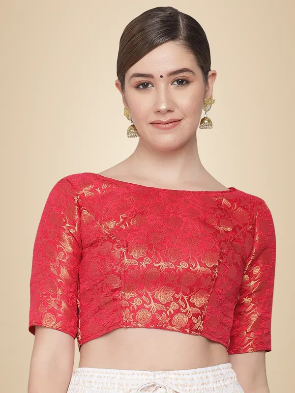 Red_Brocade_Readymade_Traditional_Banarasi_Stitched_Boat-Neck_with_Elbow_Length_Sleeve_Blouse._For_Women