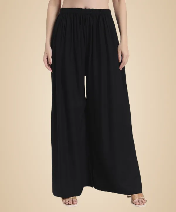 Black_Rayon_Wide_Leg_Palazzo_Pants,_High_Rise,_Elastic_Waist,_Flared_Design_with_Loose_Fit_For_Women