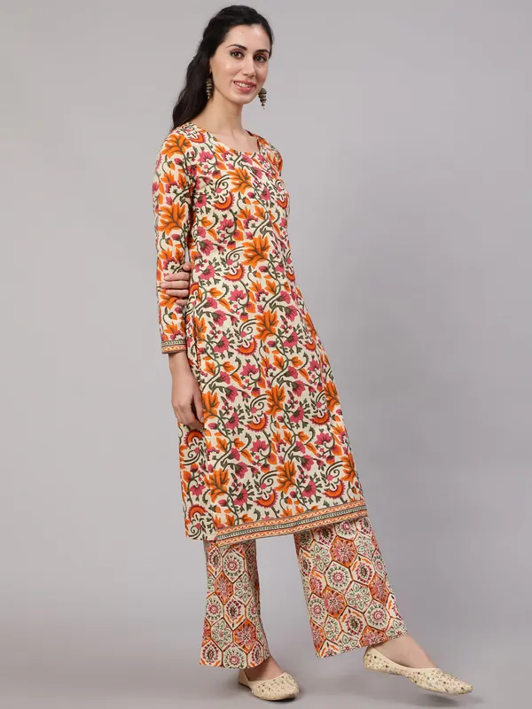 Beige_Cotton_Floral_Print_Straight_Kurta_Palazzo_With_Dupatta_For_Women