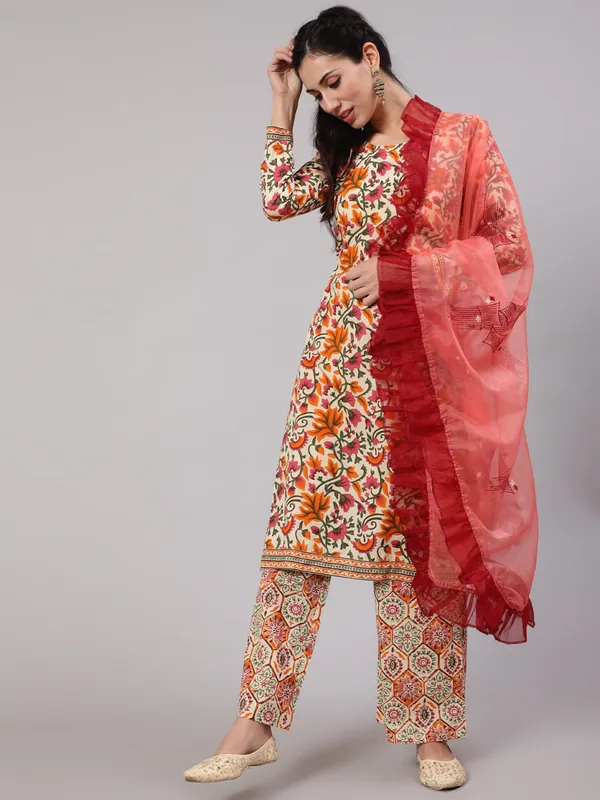 Beige_Cotton_Floral_Print_Straight_Kurta_Palazzo_With_Dupatta_For_Women