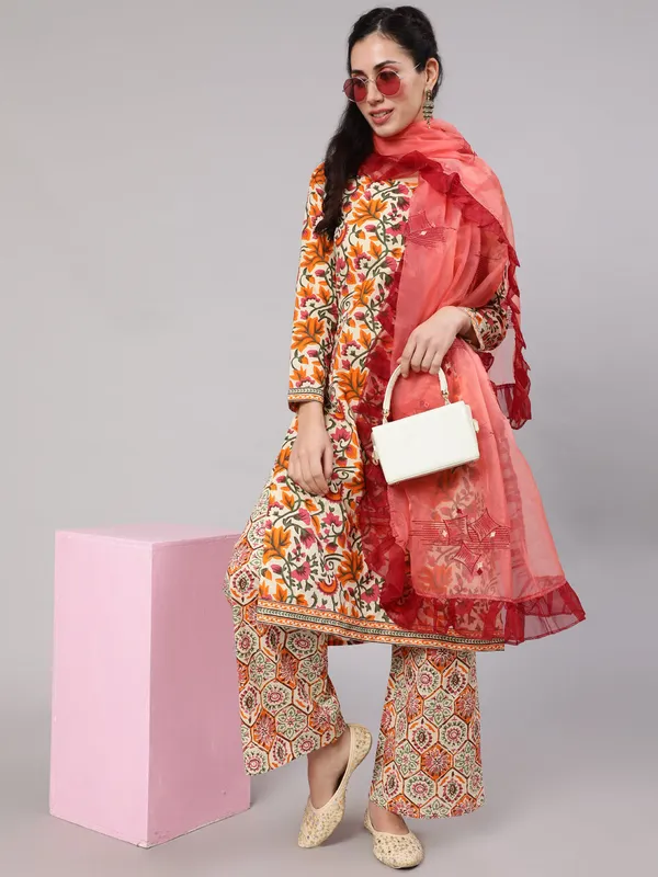 Beige_Cotton_Floral_Print_Straight_Kurta_Palazzo_With_Dupatta_For_Women