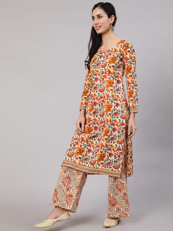 Beige_Cotton_Floral_Print_Straight_Kurta_Palazzo_With_Dupatta_For_Women
