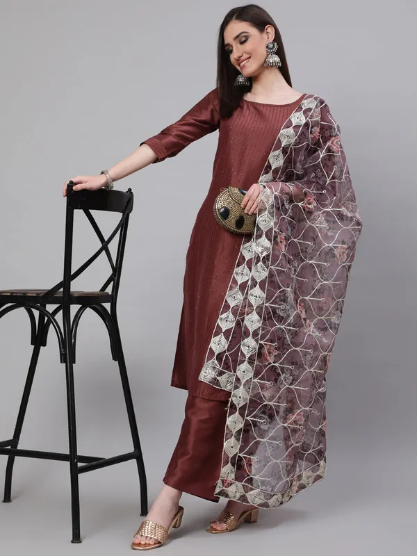 Brown_Chinnon_Sequin_Kurta_Palazzo_With_Gota_Work_Dupatta_For_Women