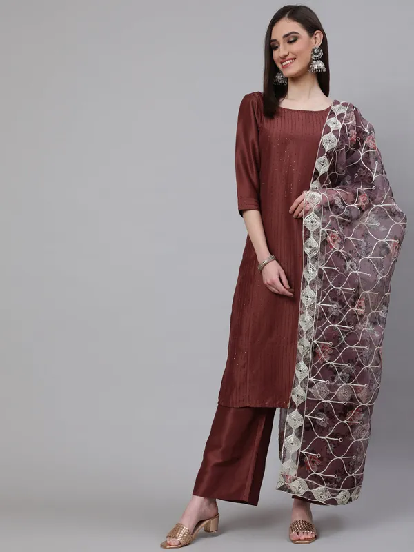 Brown_Chinnon_Sequin_Kurta_Palazzo_With_Gota_Work_Dupatta_For_Women