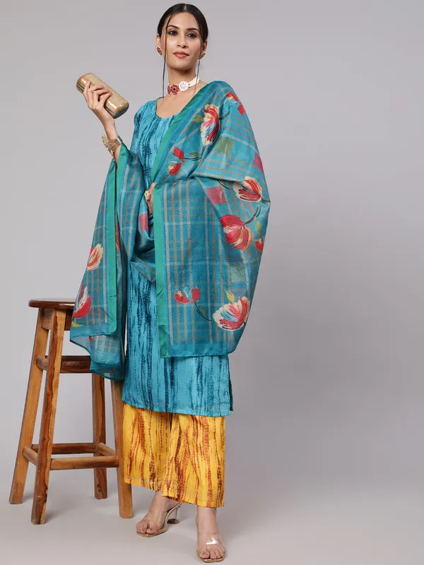 Blue_&_Mustard_Printed_Kurta_Palazzo_With_Dupatta