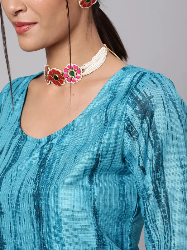 Blue_&_Mustard_Printed_Kurta_Palazzo_With_Dupatta