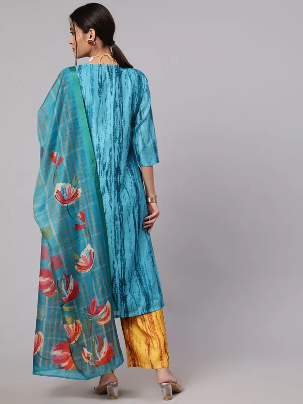 Blue_&_Mustard_Printed_Kurta_Palazzo_With_Dupatta