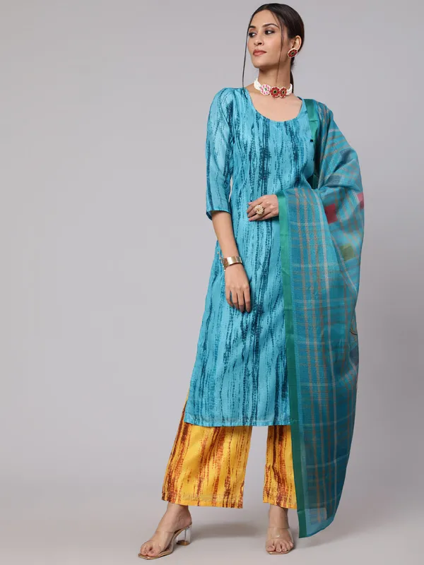 Blue_&_Mustard_Printed_Kurta_Palazzo_With_Dupatta