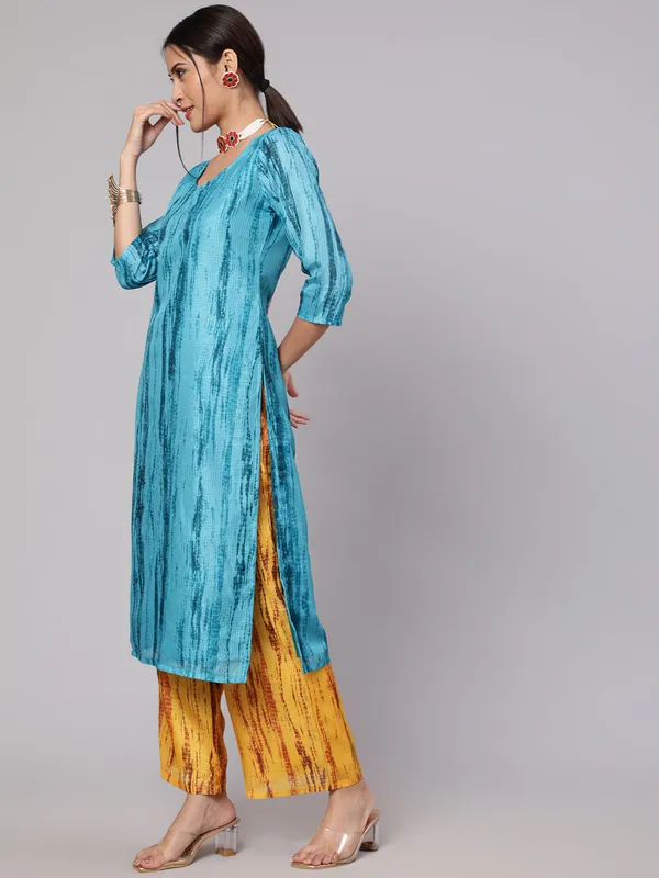Blue_&_Mustard_Printed_Kurta_Palazzo_With_Dupatta