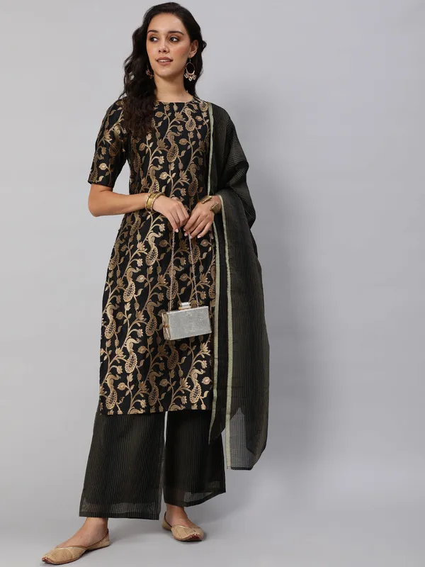 Black_Jacquard_Kurta_Palazzo_With_Dupatta_For_Women