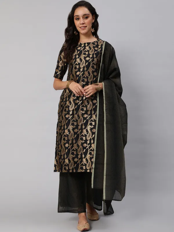 Black_Jacquard_Kurta_Palazzo_With_Dupatta_For_Women