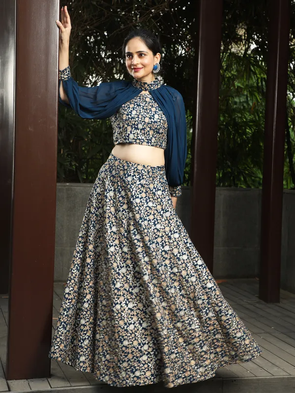 Blue_Georgette_Lehenga_Choli_With_Cape_Sleeves_For_Women