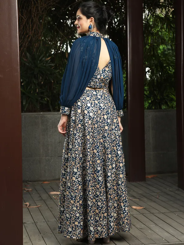 Blue_Georgette_Lehenga_Choli_With_Cape_Sleeves_For_Women
