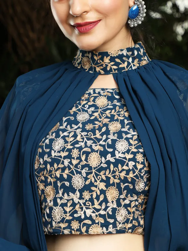 Blue_Georgette_Lehenga_Choli_With_Cape_Sleeves_For_Women