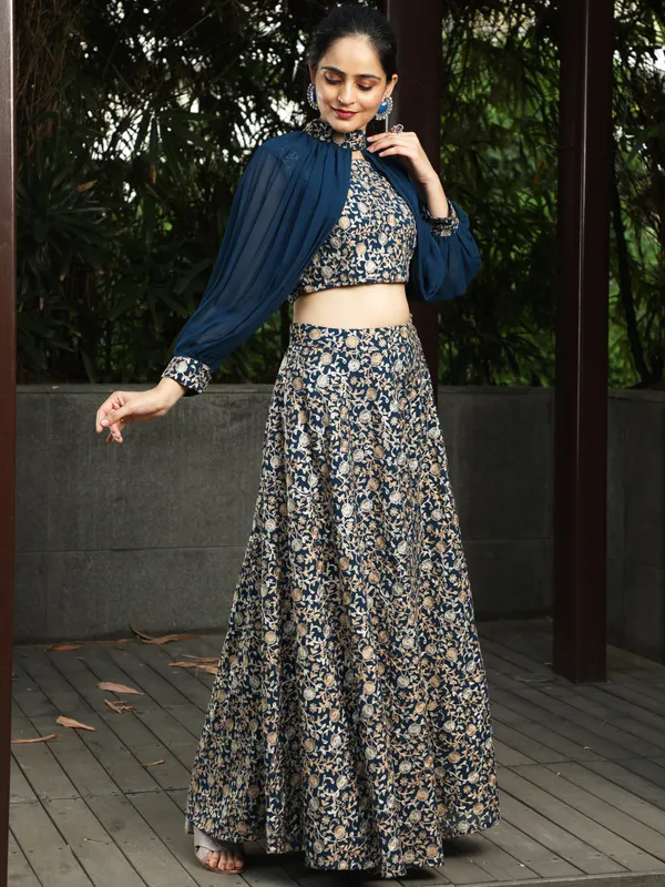 Blue_Georgette_Lehenga_Choli_With_Cape_Sleeves_For_Women