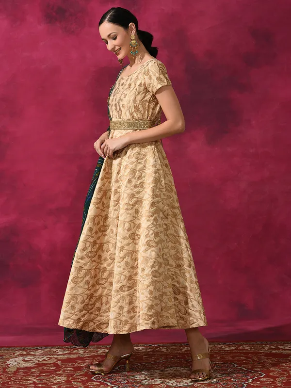 Beige_Jacquard_Flared_Maxi_Dress_With_Dupatta_For_Women
