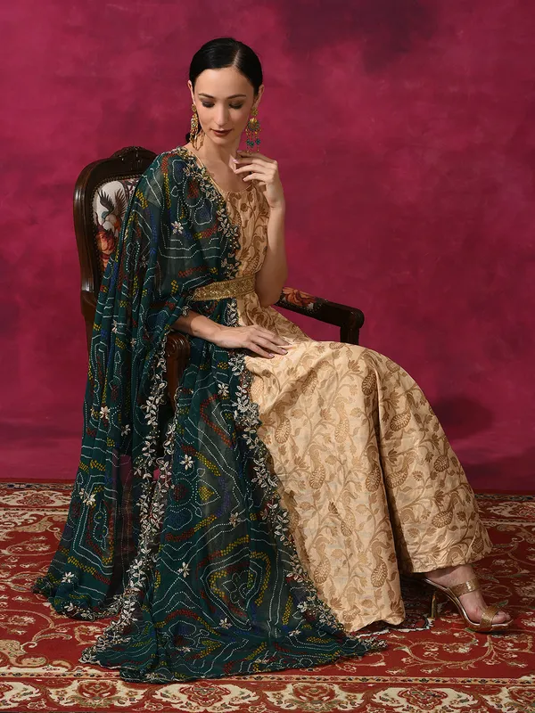 Beige_Jacquard_Flared_Maxi_Dress_With_Dupatta_For_Women