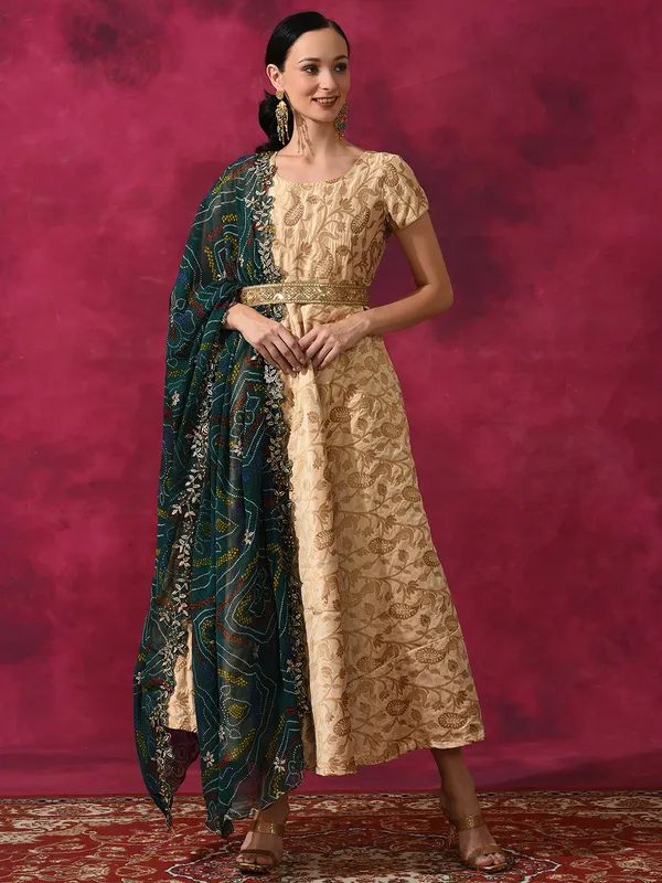 Beige_Jacquard_Flared_Maxi_Dress_With_Dupatta_For_Women