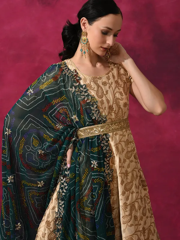 Beige_Jacquard_Flared_Maxi_Dress_With_Dupatta_For_Women