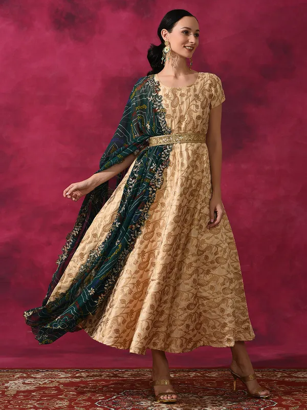 Beige_Jacquard_Flared_Maxi_Dress_With_Dupatta_For_Women