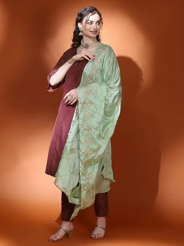 Brown_Cotton_Sequin_A-Line_Kurta_Pant_With_Dupatta_For_Women