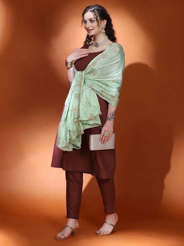 Brown_Cotton_Sequin_A-Line_Kurta_Pant_With_Dupatta_For_Women