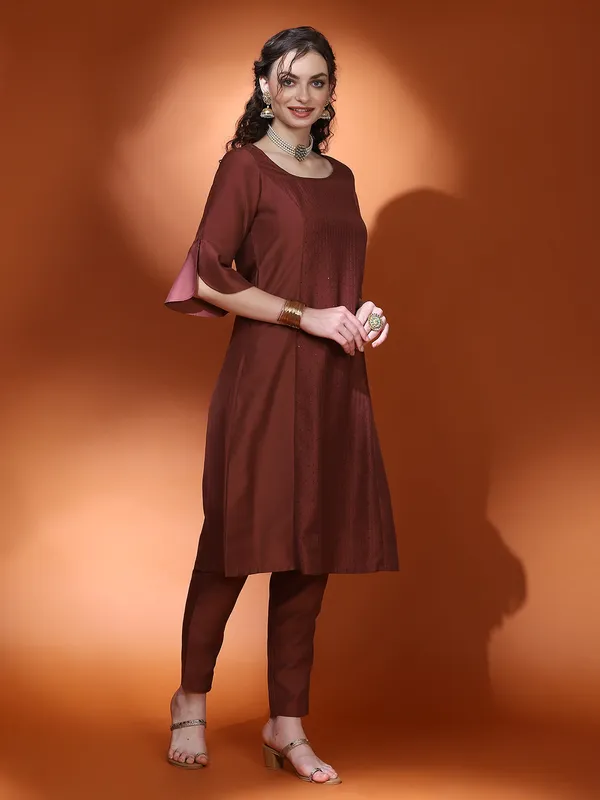 Brown_Cotton_Sequin_A-Line_Kurta_Pant_With_Dupatta_For_Women