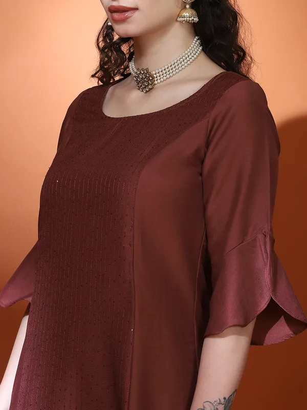 Brown_Cotton_Sequin_A-Line_Kurta_Pant_With_Dupatta_For_Women