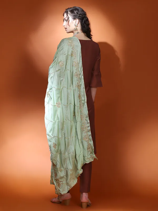 Brown_Cotton_Sequin_A-Line_Kurta_Pant_With_Dupatta_For_Women