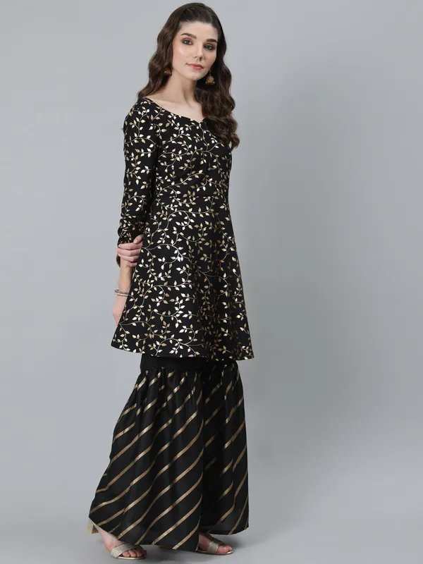 Black_Silk_Foil_Print_A-Line_Kurta_With_Sharara_For_Women