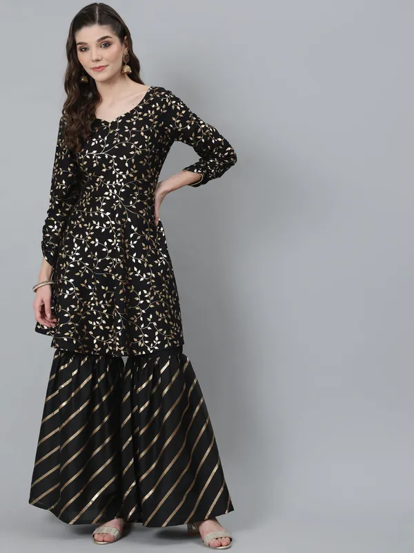 Black_Silk_Foil_Print_A-Line_Kurta_With_Sharara_For_Women