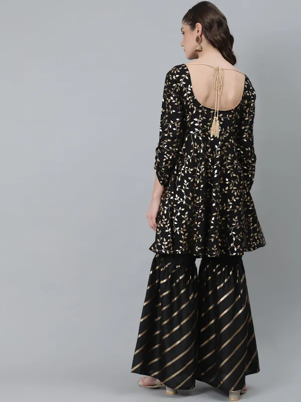 Black_Silk_Foil_Print_A-Line_Kurta_With_Sharara_For_Women