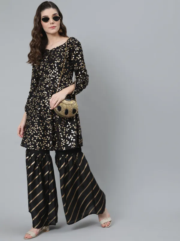 Black_Silk_Foil_Print_A-Line_Kurta_With_Sharara_For_Women