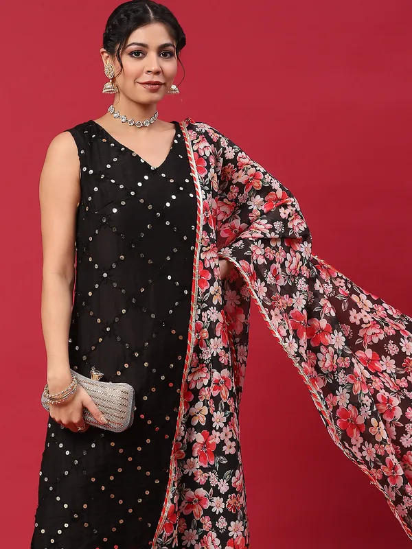 Black_Silk_Embroidered_Kurta_Palazzo_With_Dupatta_For_Women