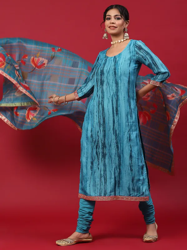 Blue_kota_doria_Shibori_Print_Kurta_Churidar_With_Dupatta_For_Women
