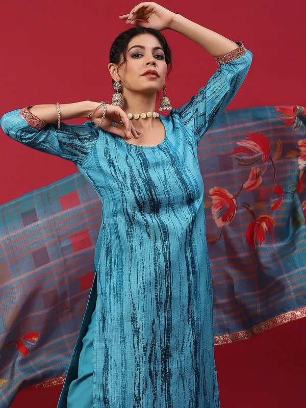 Blue_kota_doria_Shibori_Print_Kurta_Churidar_With_Dupatta_For_Women