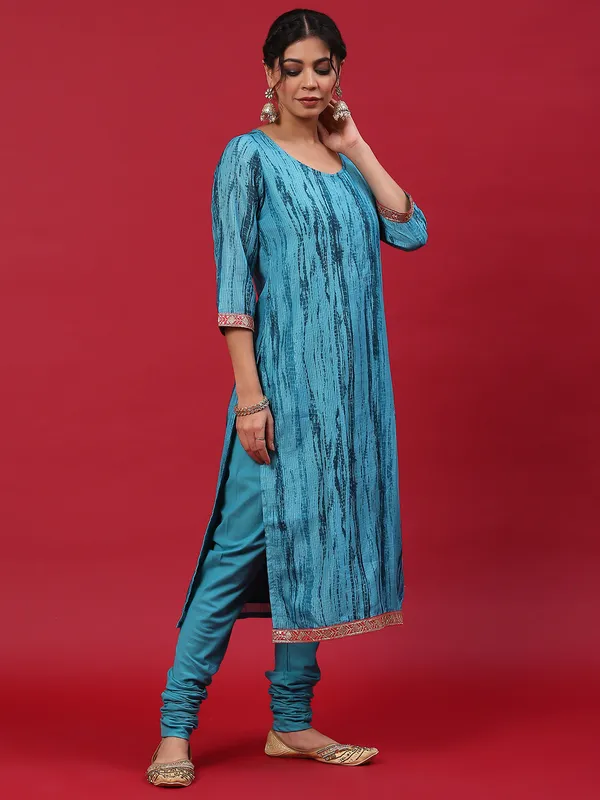 Blue_kota_doria_Shibori_Print_Kurta_Churidar_With_Dupatta_For_Women