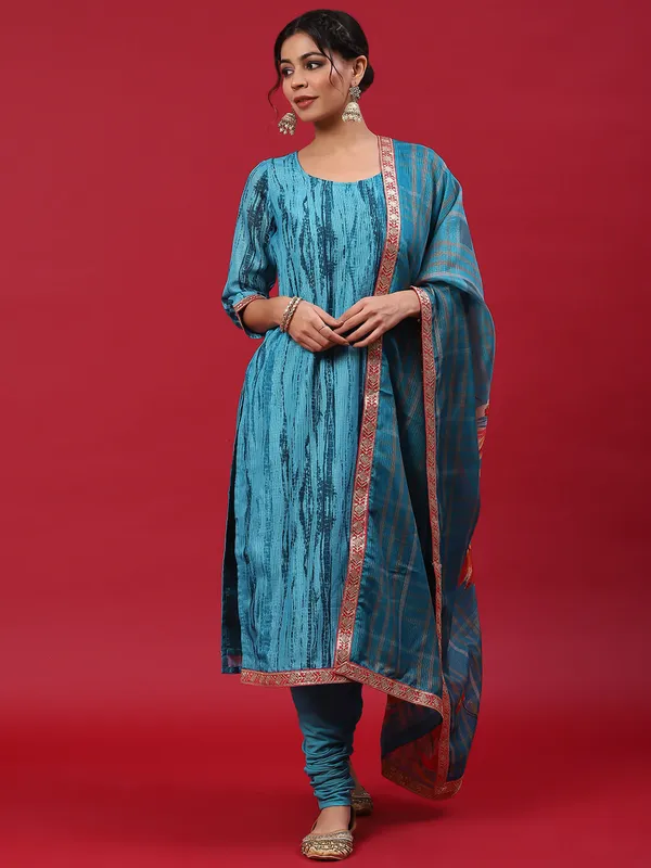 Blue_kota_doria_Shibori_Print_Kurta_Churidar_With_Dupatta_For_Women