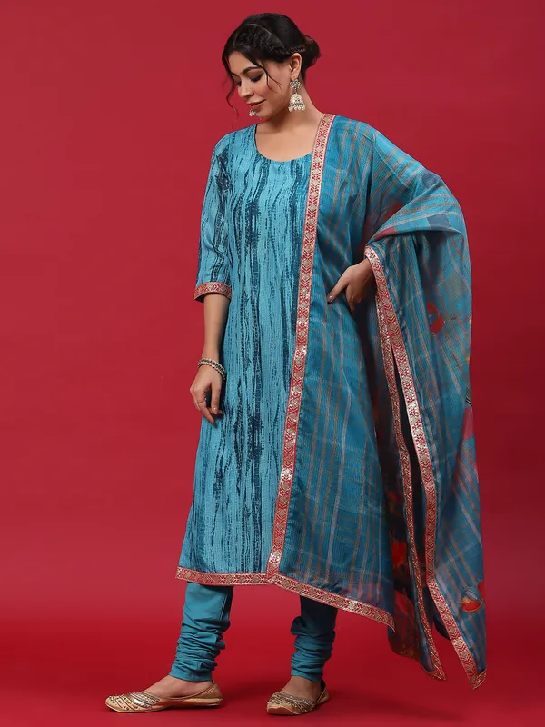 Blue_kota_doria_Shibori_Print_Kurta_Churidar_With_Dupatta_For_Women