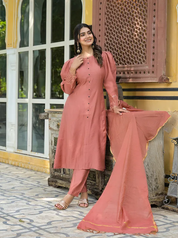 BrickRed_Silk_Brick_Red_A-Line_Kurta_Set_With_Dupatta_For_Women