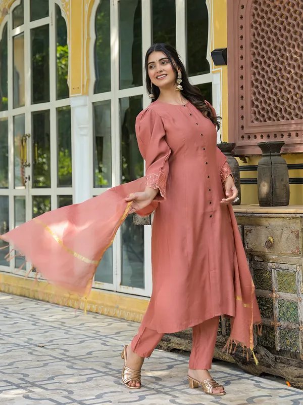 BrickRed_Silk_Brick_Red_A-Line_Kurta_Set_With_Dupatta_For_Women