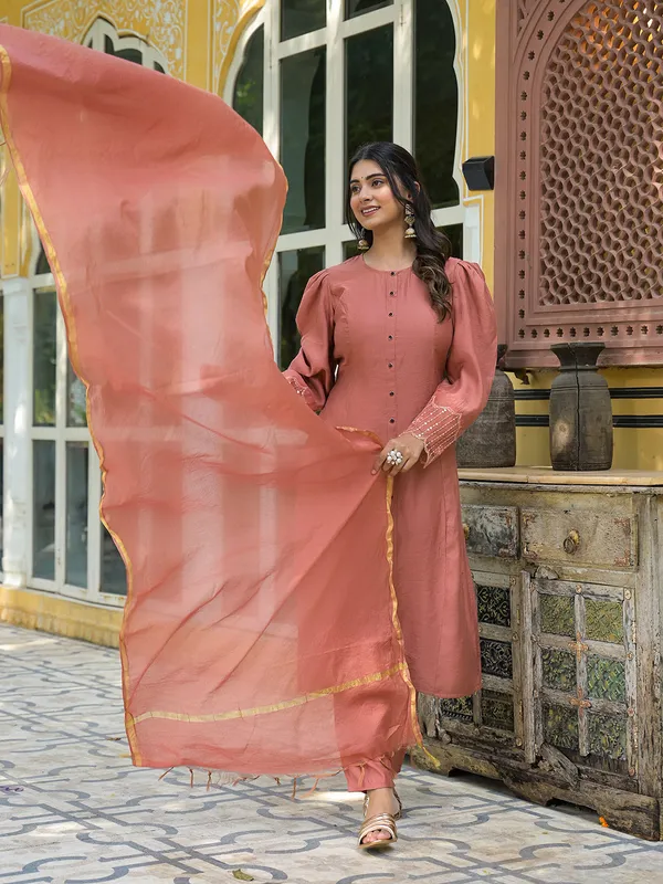 BrickRed_Silk_Brick_Red_A-Line_Kurta_Set_With_Dupatta_For_Women
