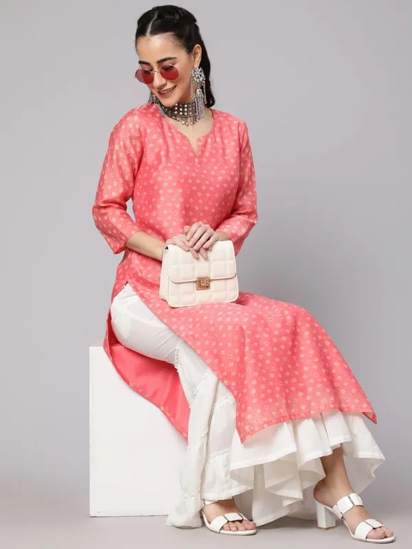 Peach_Cotton_Elegant_Pink_Bandhani_Print_Straight_Kurta_For_Women