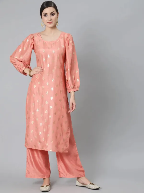 Peach_Cotton_Elegant_Foil-Printed_Kurta_With_Palazzo_For_Women