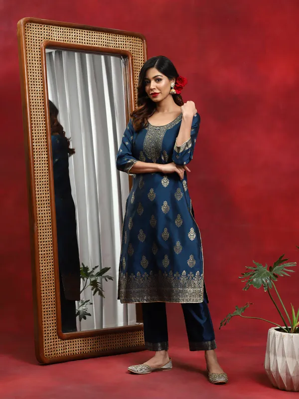Blue_Woven_Designed_Kurta_Pant_With_Dupatta