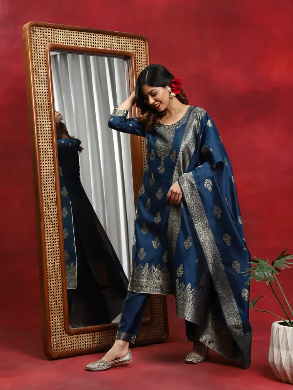 Blue_Woven_Designed_Kurta_Pant_With_Dupatta