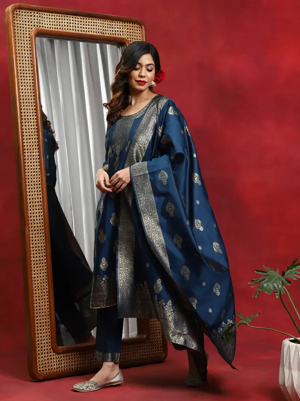Blue_Woven_Designed_Kurta_Pant_With_Dupatta