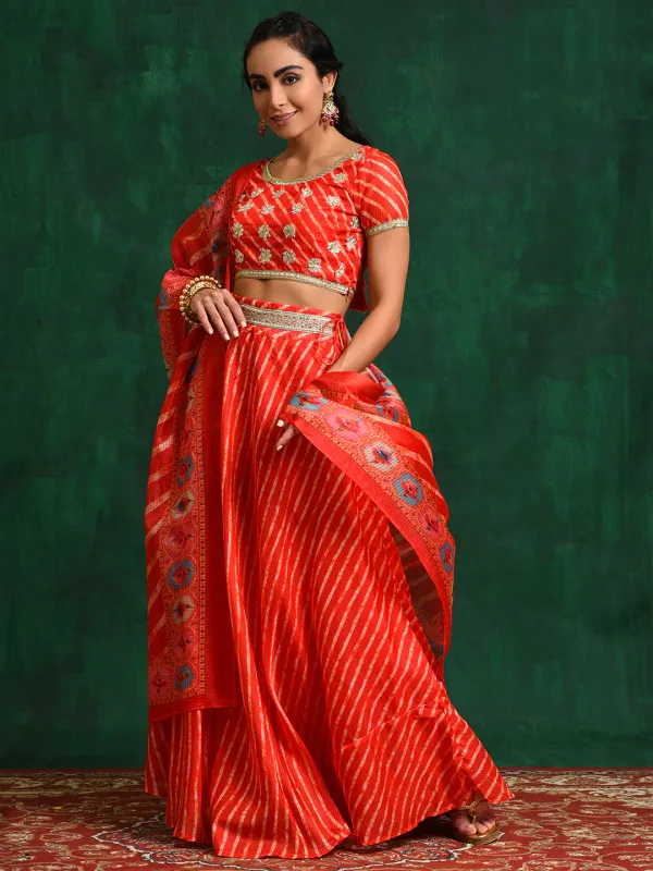 Red_Cotton_Embroidered_Lehenga_Choli_With_Dupatta_For_Women