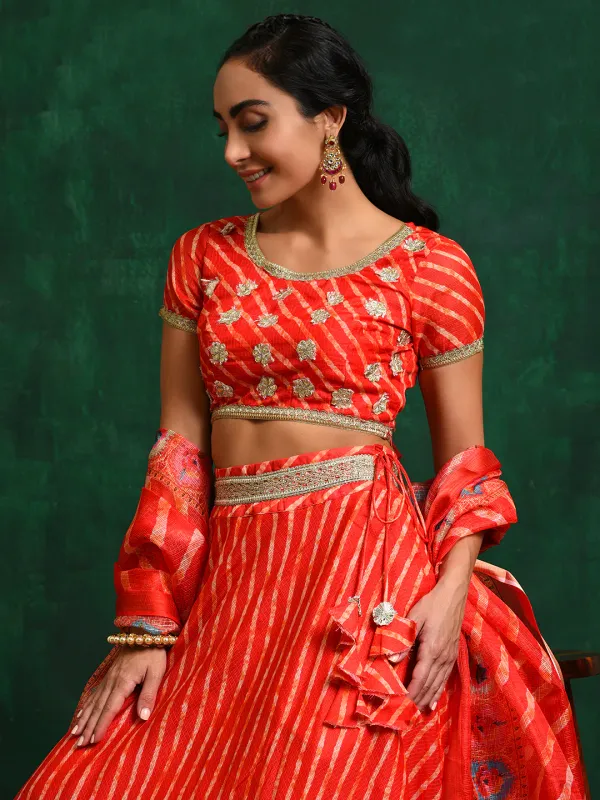 Red_Cotton_Embroidered_Lehenga_Choli_With_Dupatta_For_Women