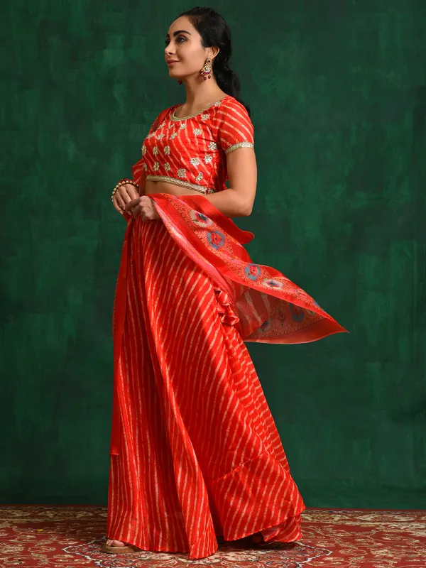 Red_Cotton_Embroidered_Lehenga_Choli_With_Dupatta_For_Women